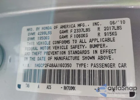2010 Honda Accord 2.4 Lx-P from USA, damaged, VIN 1HGCP2F48AA160350